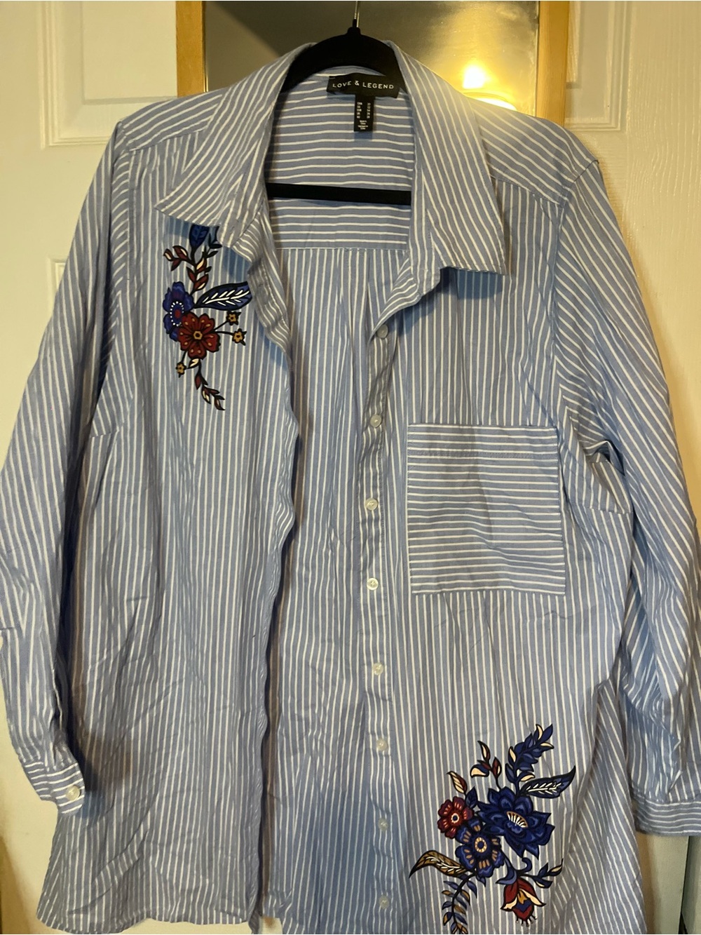 Size 22, Love & Legend Blue Striped Button-Up Shirt with Floral Embroidery - Picture 10 of 15